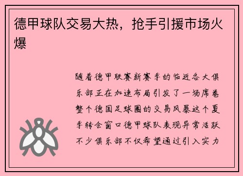 德甲球队交易大热，抢手引援市场火爆
