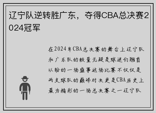 辽宁队逆转胜广东，夺得CBA总决赛2024冠军